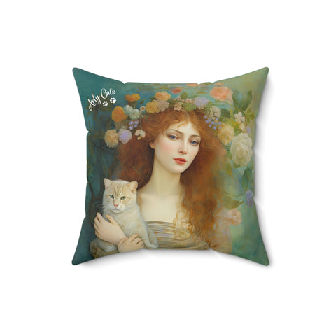 Spring's Fairy Tale, Enchanting Fairy with Her Cat, Art Print Spun Polyester Square Pillow