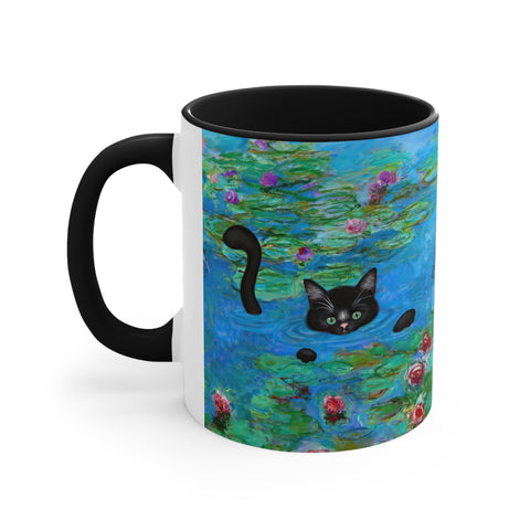 Monet's Water Lilies with Swimming Cat, Accent Coffee Mug, 11oz