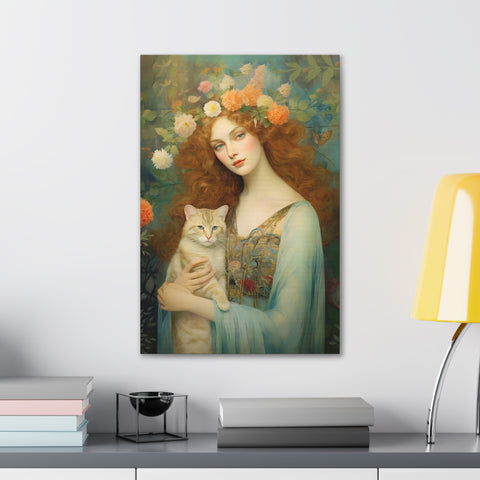 Blooming Serenity, Woman and The Cat Painting, Canvas Gallery Wraps