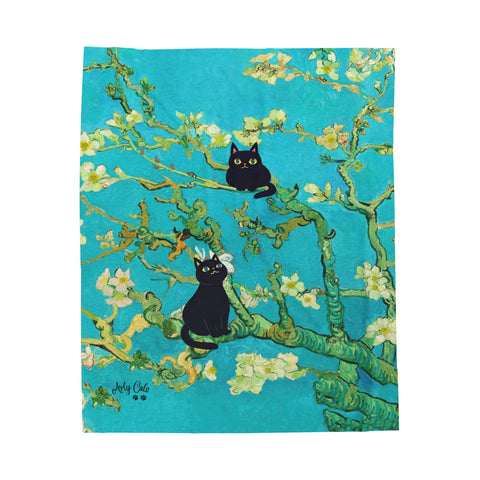 Van Gogh Almond Blossoms With Two Black Cats, Velveteen Plush Blanket