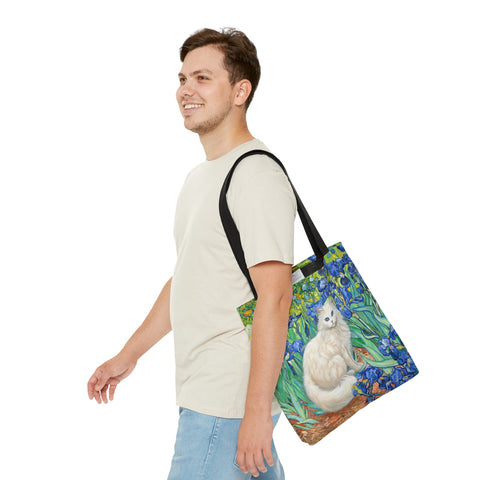 White Cat With Van Gogh Irises, All Purpose Designer Tote Bag