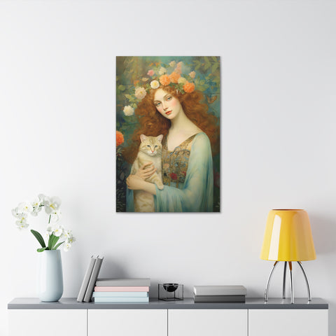 Blooming Serenity, Woman and The Cat Painting, Canvas Gallery Wraps