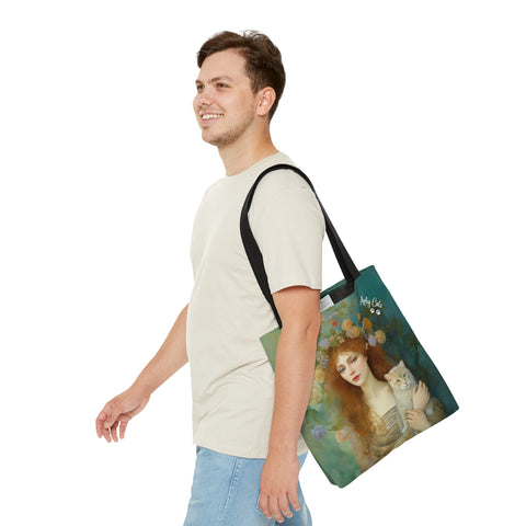 Spring's Fairy Tale, Enchanting Fairy with Her Cat, All Purpose Designer Tote Bag