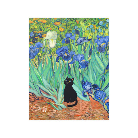 Van Gogh Irises with Cute Black Cat, Printed Satin Poster