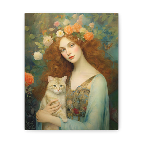 Blooming Serenity, Woman and The Cat Painting, Canvas Gallery Wraps