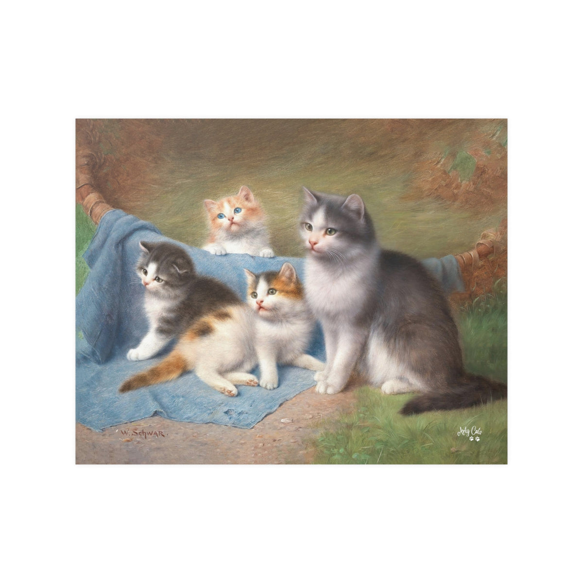 A Cat with Her Kittens by Wilhelm Schwar, Unframed Satin Poster