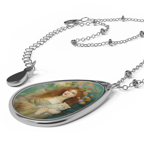 Spring's Fairy Tale, Enchanting Fairy with Her Cat, Cat Jewelry Oval Necklace