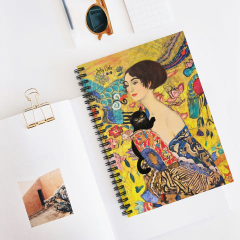 Lady With Fan and Cat, Vintage Gustav Klimt  - Spiral Notebook - Ruled Line