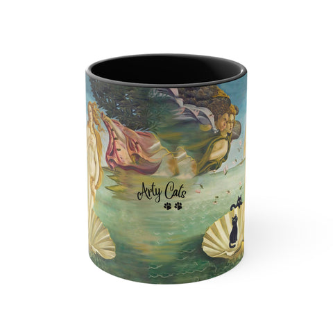 The Birth of Venus with two Black Cats, Botticelli Art Printed, Accent Coffee Mug, 11oz