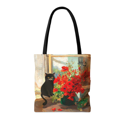 Cat with Bouquet of Poppies, All Purpose Designer Tote Bag