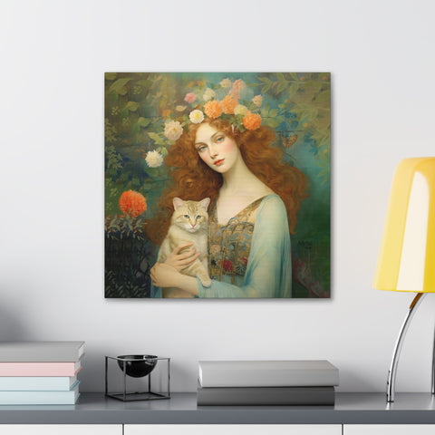 Blooming Serenity, Woman and The Cat Painting, Canvas Gallery Wraps