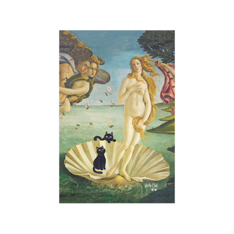 The Birth of Venus with two Black Cats, Botticelli Unframed Satin Art Poster