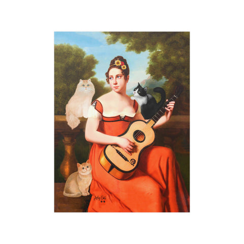 Music Lover Cats, Guitar Player and Her Cats, Unframed Printed Poster