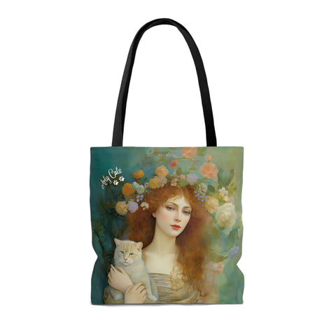 Spring's Fairy Tale, Enchanting Fairy with Her Cat, All Purpose Designer Tote Bag