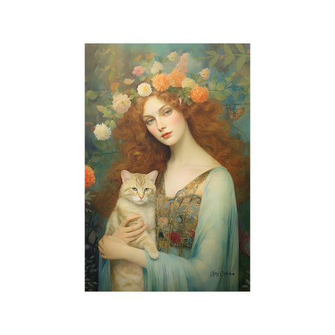 Blooming Serenity, Woman and The Cat Painting, Unframed Printed Art Poster