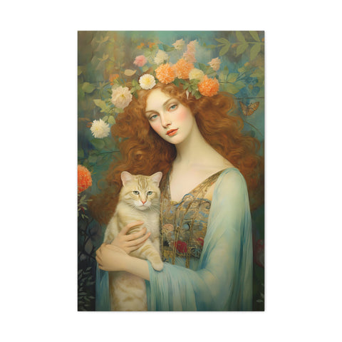 Blooming Serenity, Woman and The Cat Painting, Canvas Gallery Wraps