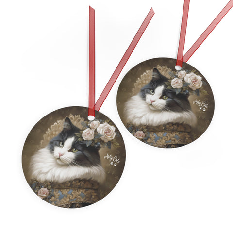 Victorian Cat with Roses, Christmas Metal Ornaments