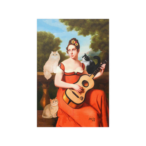 Music Lover Cats, Guitar Player and Her Cats, Unframed Printed Poster