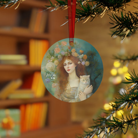 Enchanting Fairy with Her Cat, Christmas Metal Ornaments