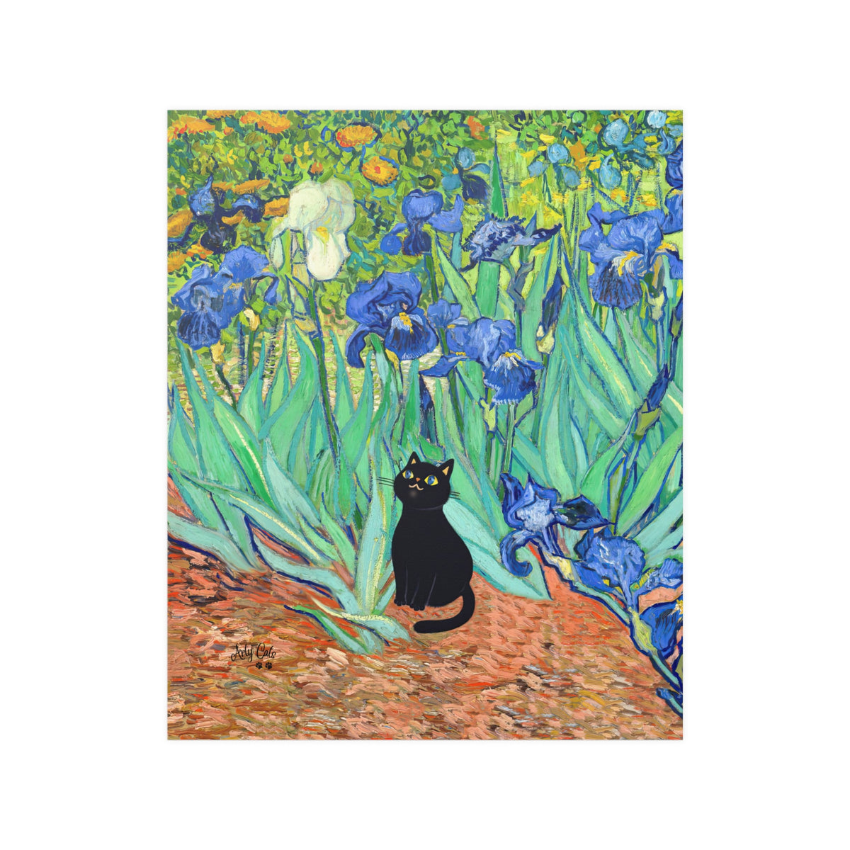 Van Gogh Irises with Cute Black Cat, Printed Satin Poster