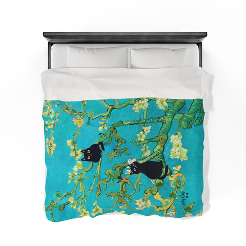 Van Gogh Almond Blossoms With Two Black Cats, Velveteen Plush Blanket