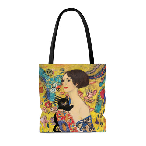 Lady With Fan and Cat, Vintage Gustav Klimt Art Print, All Purpose Designer Tote Bag