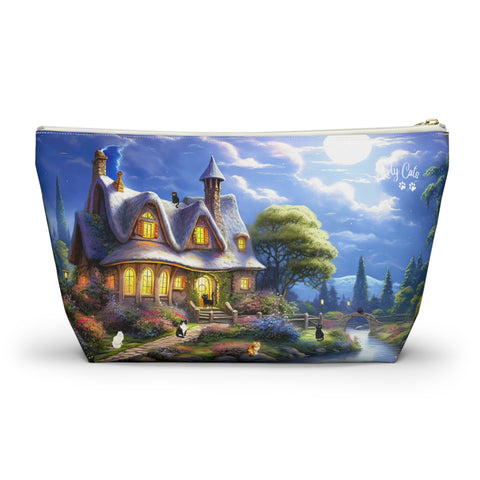 Moonlit Serenade at the Riverside Cottage, Cat Art , All purpose Accessory Pouch