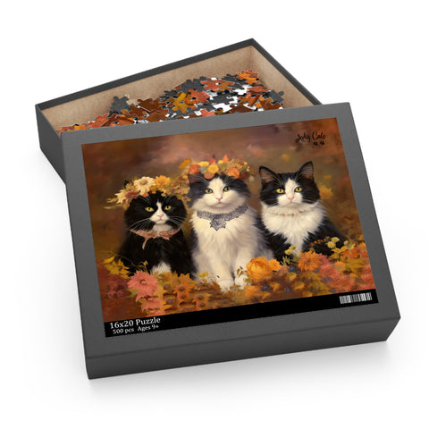 Autumn Kittens in the Blooming Meadow, Cat Art Puzzle 500-Piece