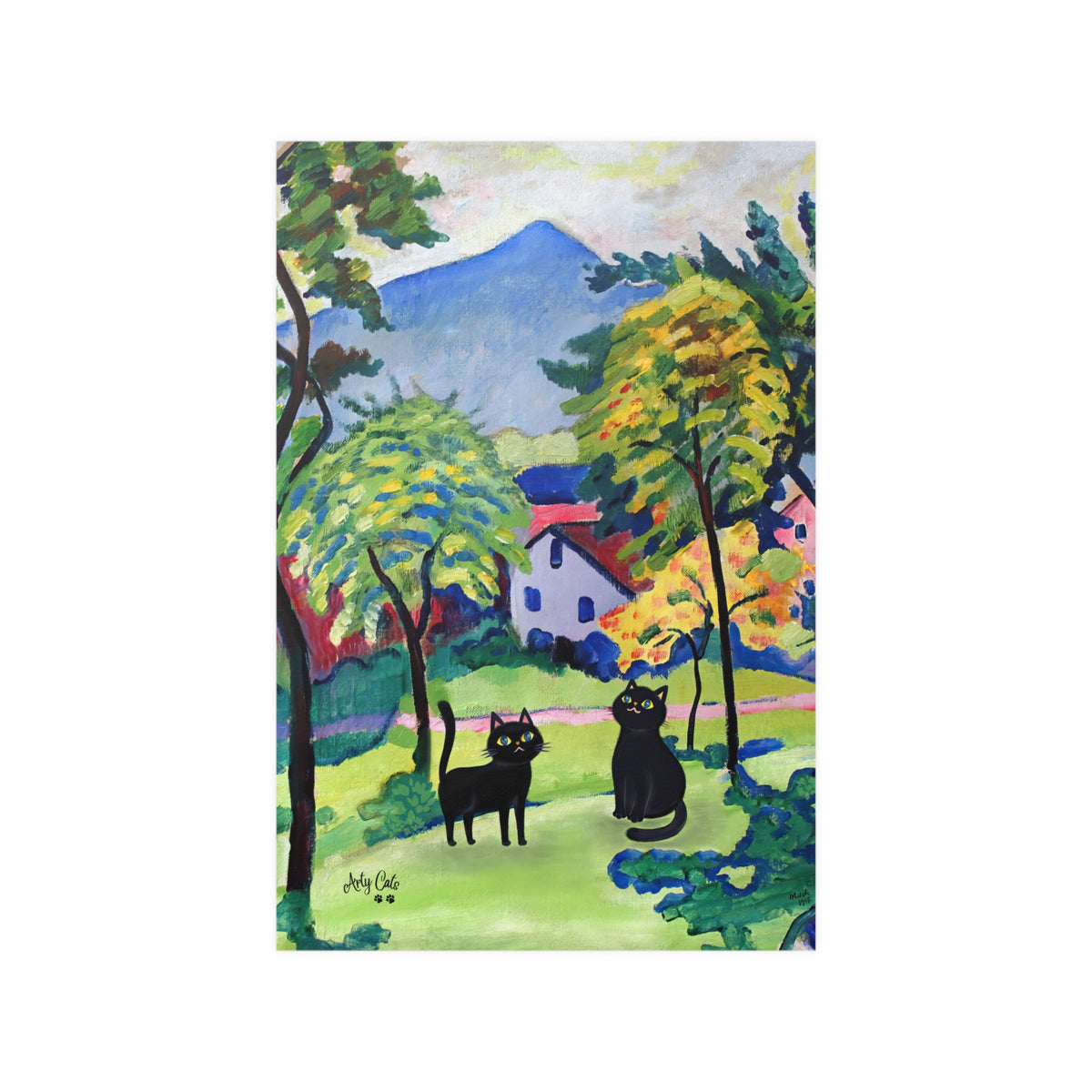 Two Adorable Black Cats in August Macke Landscape, Unframed Satin Poster