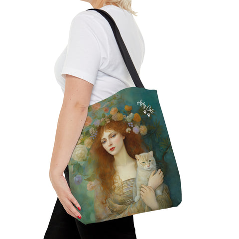 Spring's Fairy Tale, Enchanting Fairy with Her Cat, All Purpose Designer Tote Bag