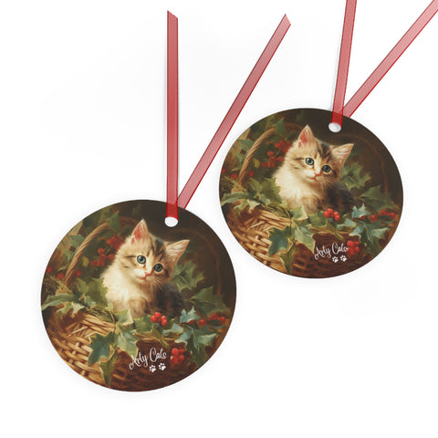 Kitten in the Basket, Christmas Metal Ornaments