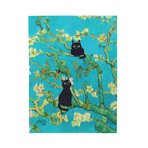 Van Gogh Almond Blossoms With Two Black Cats, Velveteen Plush Blanket