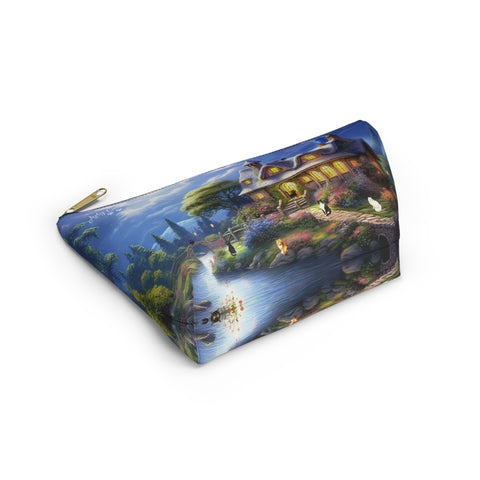 Moonlit Serenade at the Riverside Cottage, Cat Art , All purpose Accessory Pouch