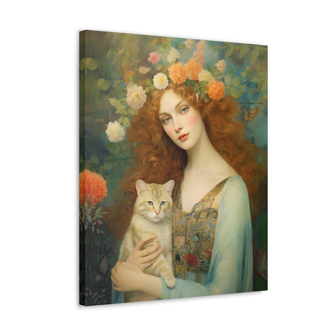 Blooming Serenity, Woman and The Cat Painting, Canvas Gallery Wraps