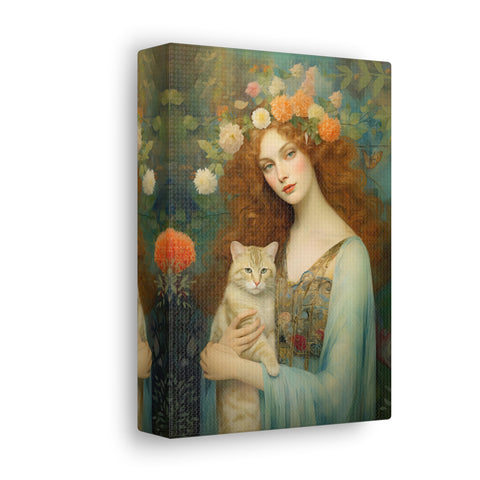 Blooming Serenity, Woman and The Cat Painting, Canvas Gallery Wraps