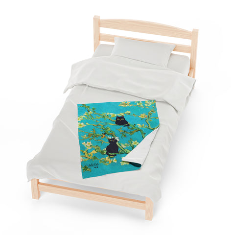 Van Gogh Almond Blossoms With Two Black Cats, Velveteen Plush Blanket