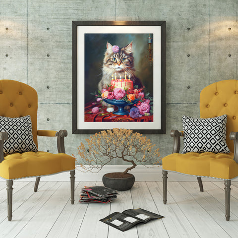 The Birthday Cat, Cat Art Print, Unframed Satin Poster