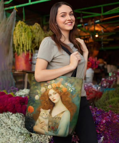 Blooming Serenity, Woman With Her Cat. All Purpose Designer Tote Bag