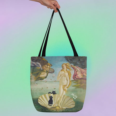 The Birth of Venus with two Black Cats, Botticelli Art Print, All Purpose Designer Tote Bag