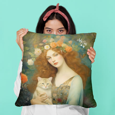 Blooming Serenity, Woman and The Cat, Cat Lover Gift, Unique Art Print Spun Polyester Square Pillow