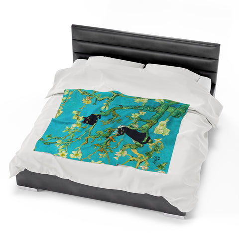 Van Gogh Almond Blossoms With Two Black Cats, Velveteen Plush Blanket