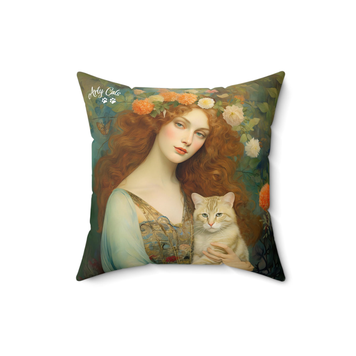 Blooming Serenity, Woman and The Cat, Cat Lover Gift, Unique Art Print Spun Polyester Square Pillow