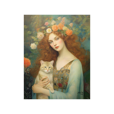 Blooming Serenity, Woman and The Cat Painting, Unframed Printed Art Poster