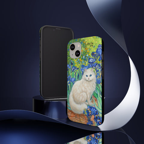 White Cat With Van Gogh Irises, Cat iPhone case, Tough Phone Cases