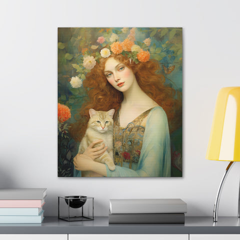 Blooming Serenity, Woman and The Cat Painting, Canvas Gallery Wraps