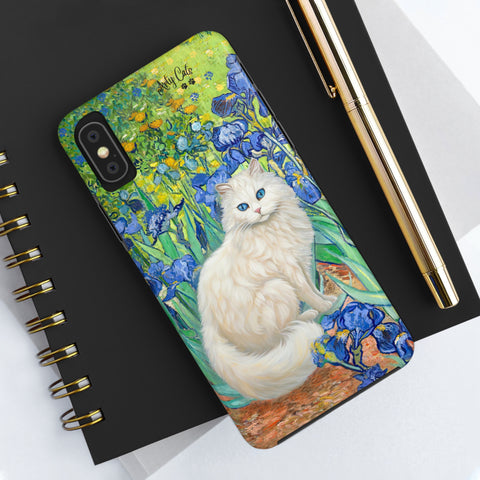 White Cat With Van Gogh Irises, Cat iPhone case, Tough Phone Cases