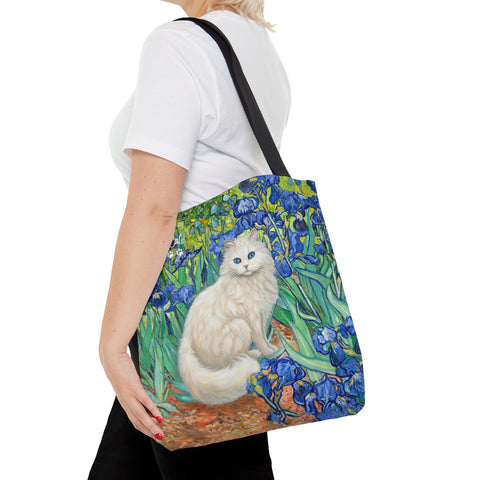 White Cat With Van Gogh Irises, All Purpose Designer Tote Bag