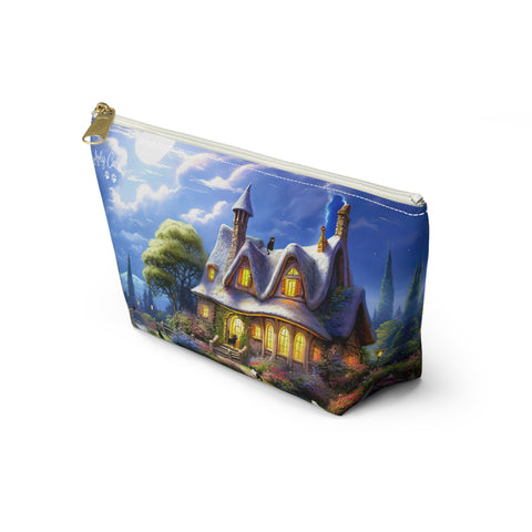 Moonlit Serenade at the Riverside Cottage, Cat Art , All purpose Accessory Pouch