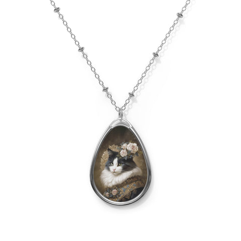 Victorian Cat with Roses, Cat Jewelry Oval Necklace