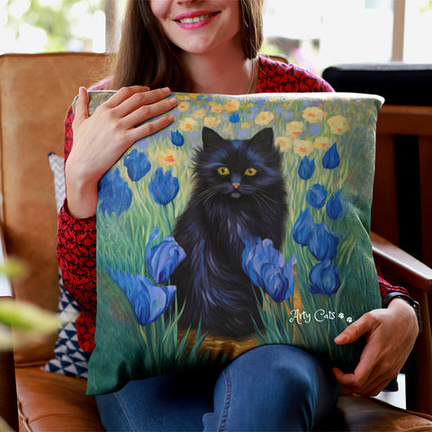 Cute Black Cat Among Irises, Art Print Cushion Pillow